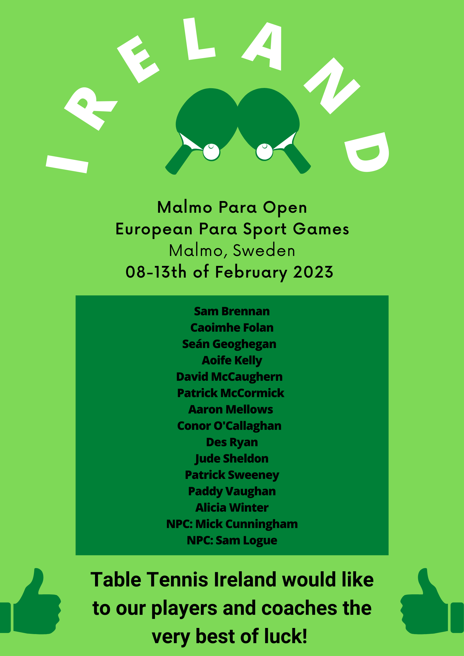 Para Squad at the 2023 Malmo Open Table Tennis Ireland