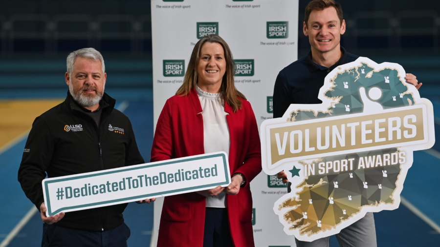 13 November 2023; Olympian David Gillick, right, with Mary O'Connor, Chief Executive Officer of the Federation of Irish Sport and Graham Russell, Head of Sport at Louth Sports Partnership in attendance to launch the Volunteers in Sport Awards at the Sports Campus in Dublin. Photo by David Fitzgerald/Sportsfile *** NO REPRODUCTION FEE ***