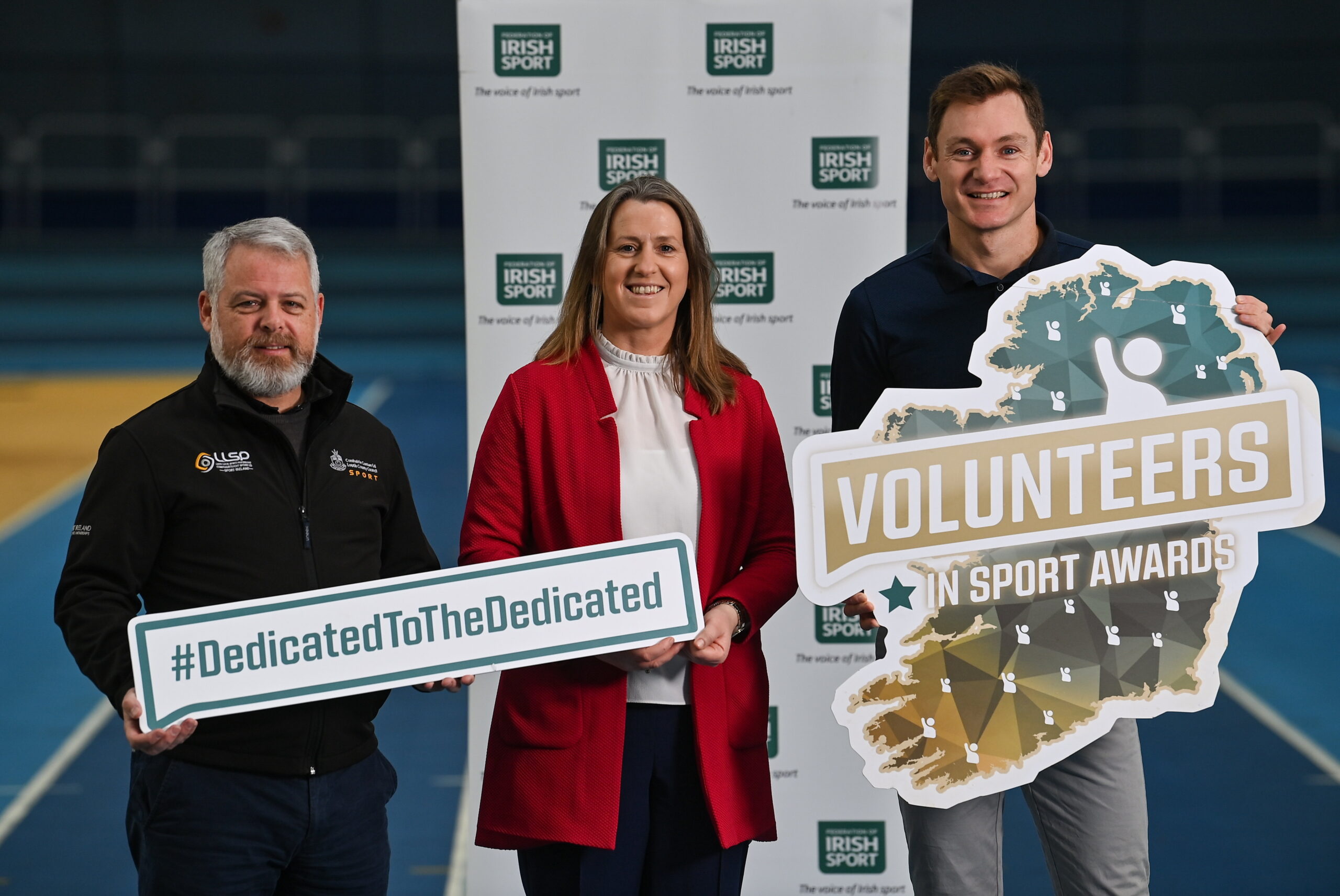 13 November 2023; Olympian David Gillick, right, with Mary O'Connor, Chief Executive Officer of the Federation of Irish Sport and Graham Russell, Head of Sport at Louth Sports Partnership in attendance to launch the Volunteers in Sport Awards at the Sports Campus in Dublin. Photo by David Fitzgerald/Sportsfile *** NO REPRODUCTION FEE ***
