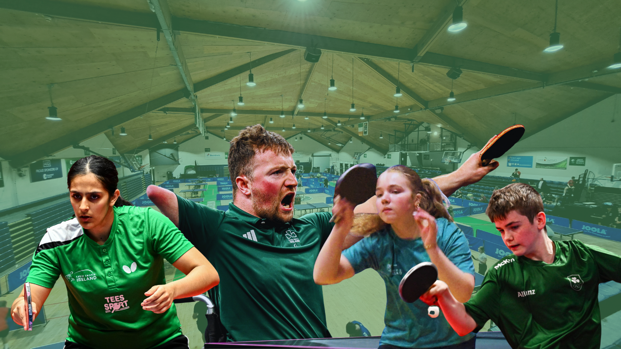 Four Irish table tennis players in action, set against a large indoor arena backdrop.