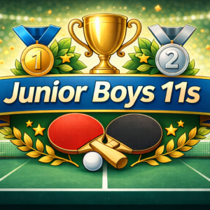 Graphic for Junior Boys 11s ranking category featuring table tennis rackets, ball, table, and trophy with medal elements.
